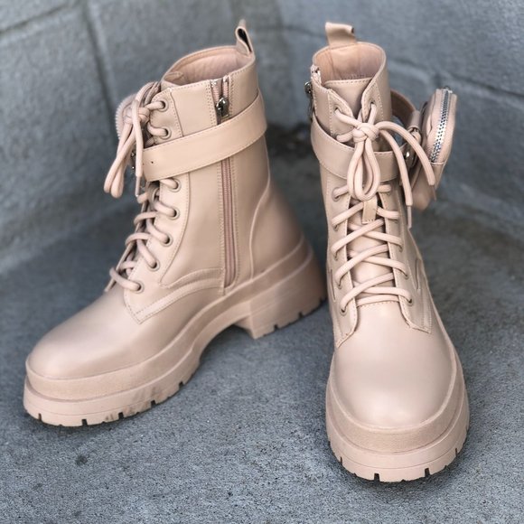 [New] LILIANA PLATFORM LACED UP COMBAT BOOTS WITH AIRPOD POCKET [NUDE BEIGE] - Picture 2 of 8